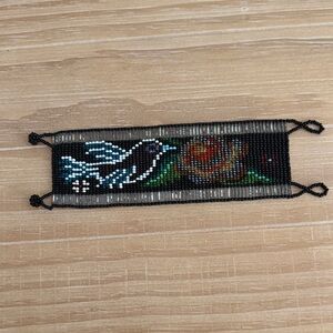 Handcrafted Beaded Bird & Rose Bracelet Black  & White